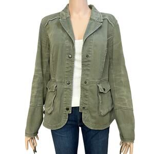 Free People Utility Jacket Medium Military Army Boho Snap Ruffle Raw Hem Frayed